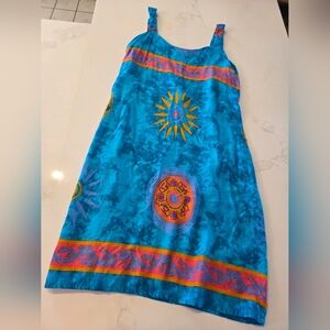 Vibrant Aqua Blue 100% Rayon Boho Pattern Sun Dress